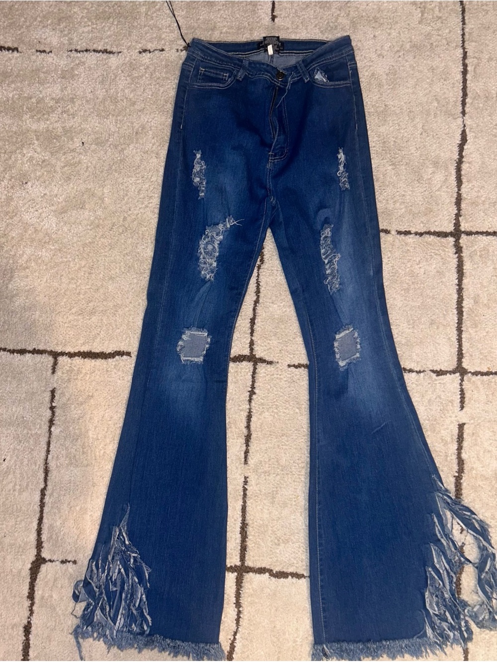 Fringed Hem Distressed Dark Blue Flare Jeans for Women